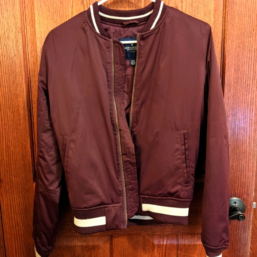 Maroon varsity style bomber jacket